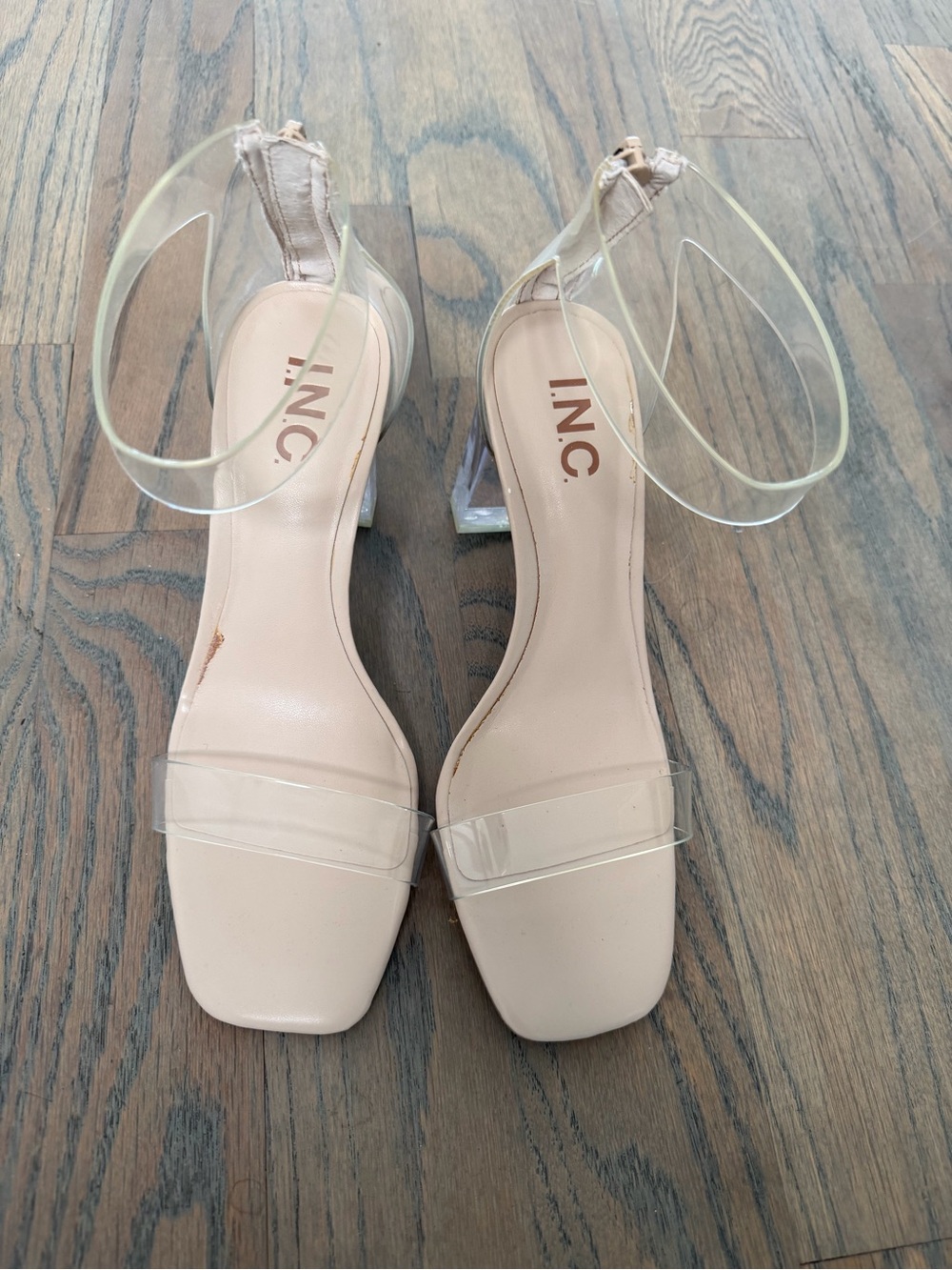 INC International Concepts Nude and Clear Ankle Strap Block Heels